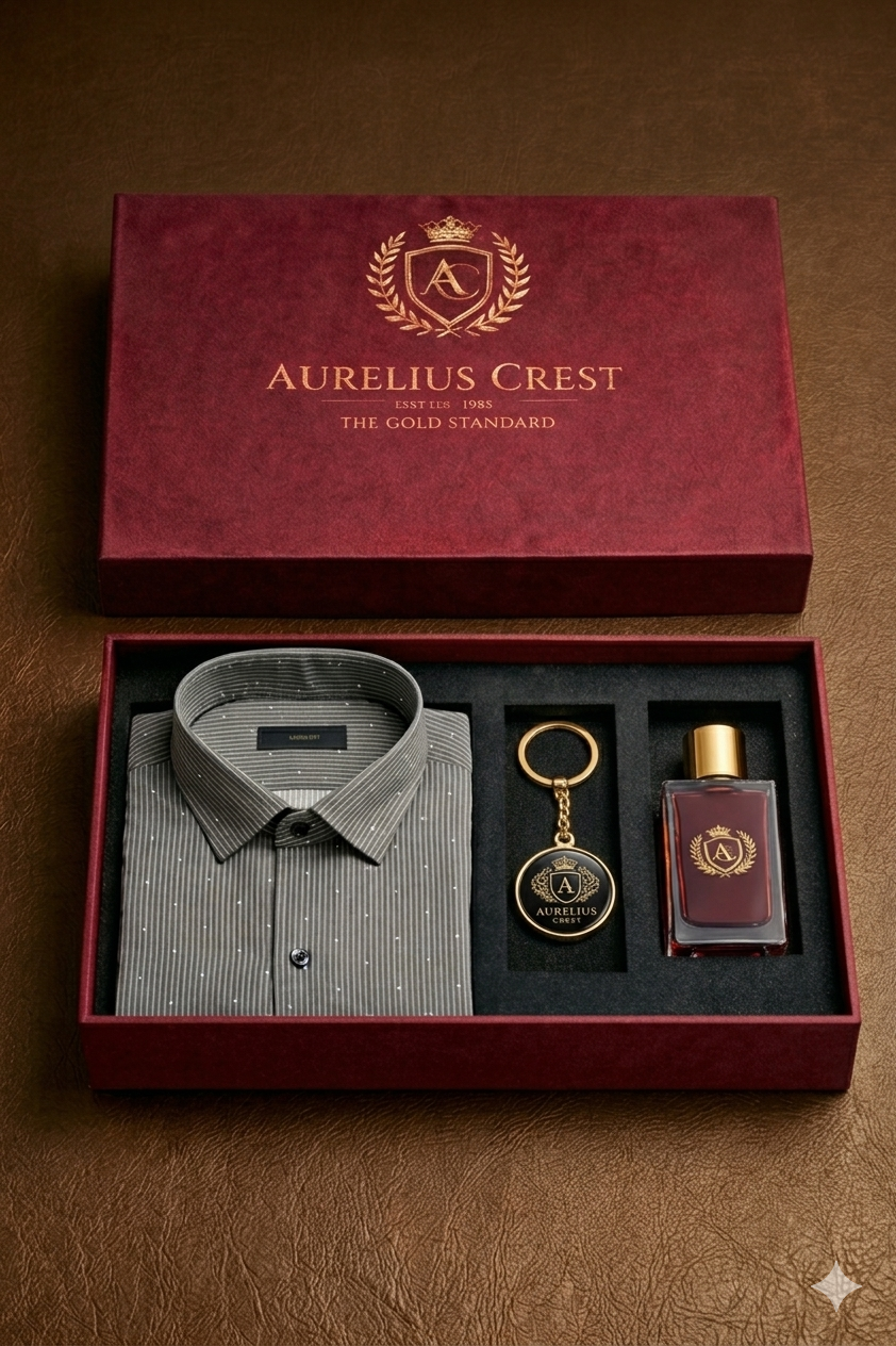 Aurelius Crest "Gold Standard" Executive Set – Charcoal Micro-Pattern Shirt with Signature Fragrance & Keypiece