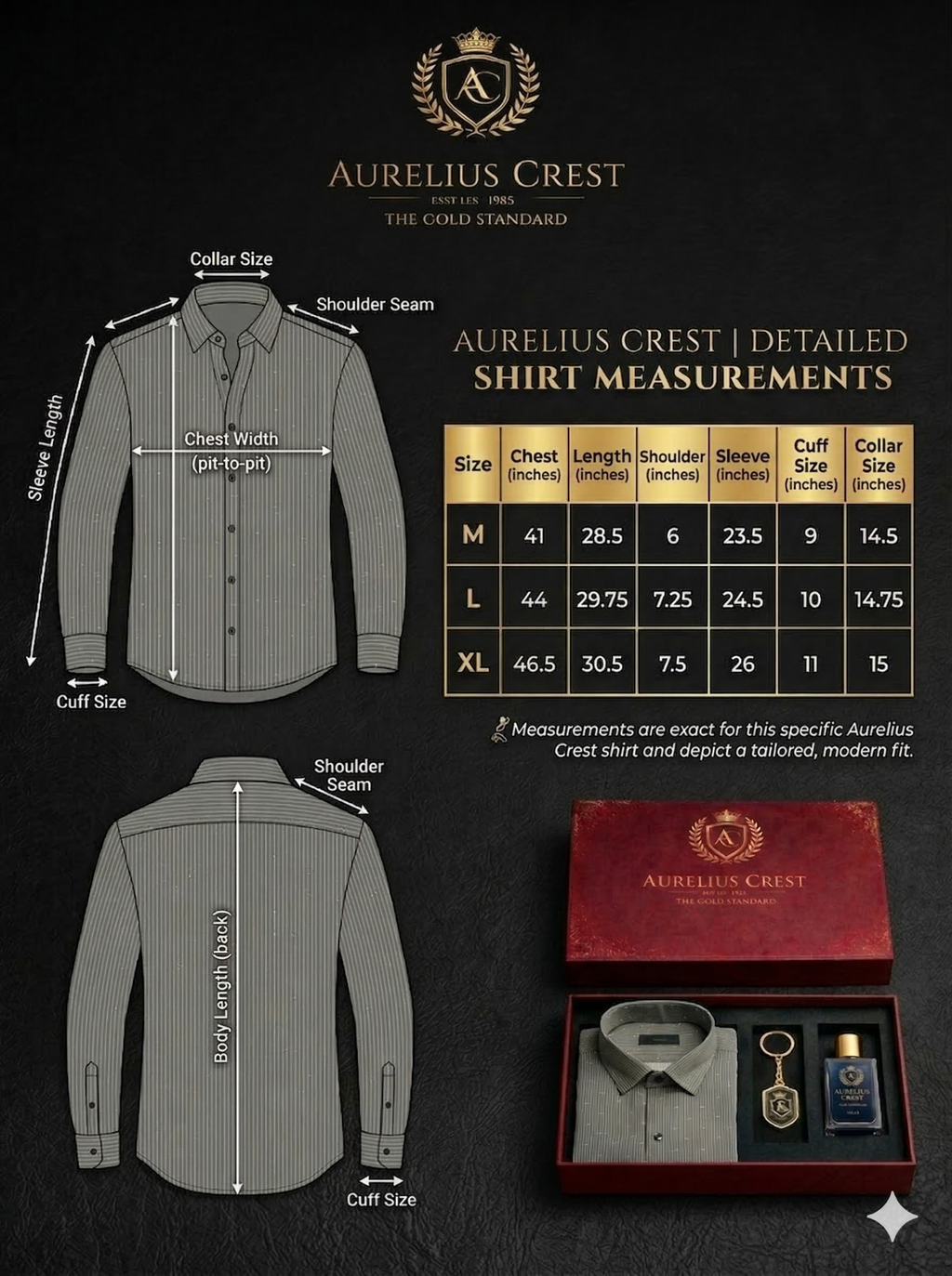 Aurelius Crest "Gold Standard" Executive Set – Charcoal Micro-Pattern Shirt with Signature Fragrance & Keypiece